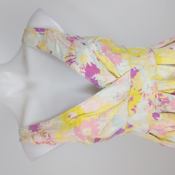 Portmans Women's Dress Size 14 Yellow Pink Floral V-Neck Shirring Bow Sleeveless - Picture 3 of 13